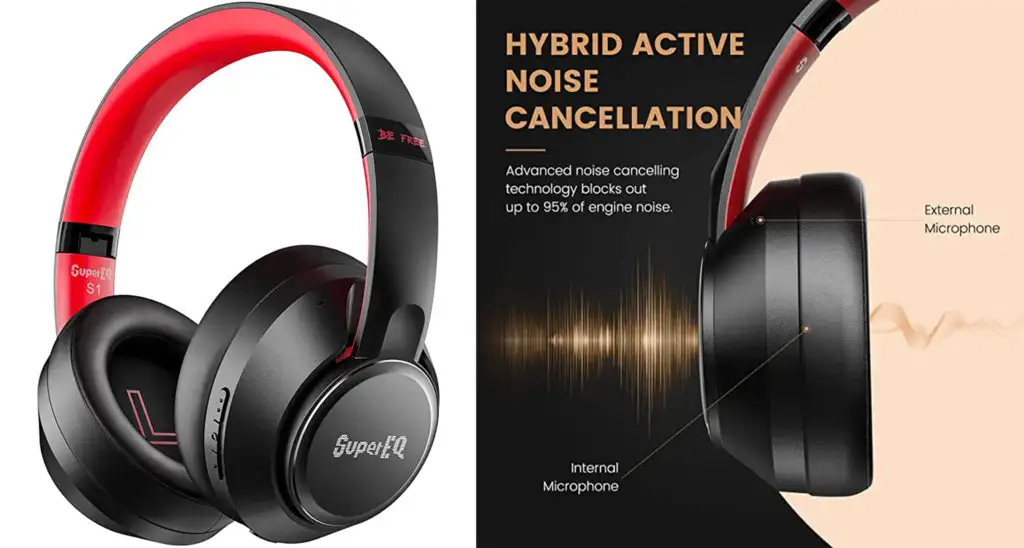 Side angle view of the SuperEQ S1 Bluetooth 5.0 Over Ear Wireless Wired Headset and close u of ear cup